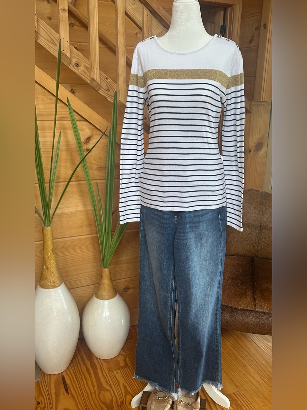 Lauren Ralph Lauren White/Navy/Gold Stripe Long-Sleeve Top with Gold Buttons